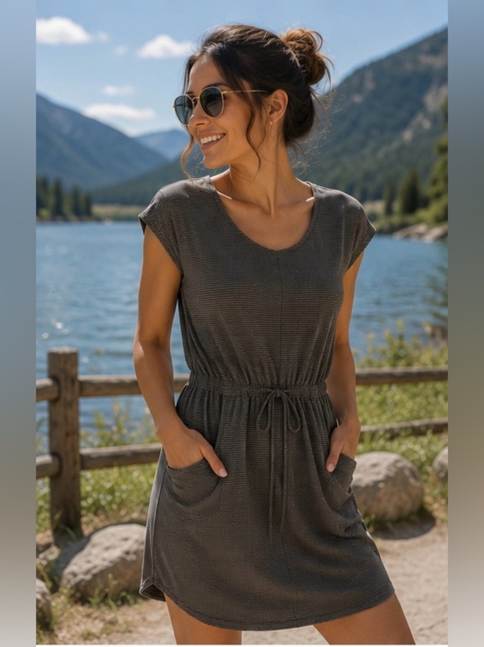 The North Face Striped Dress Medium Gray Casual Cinch Waist Pockets